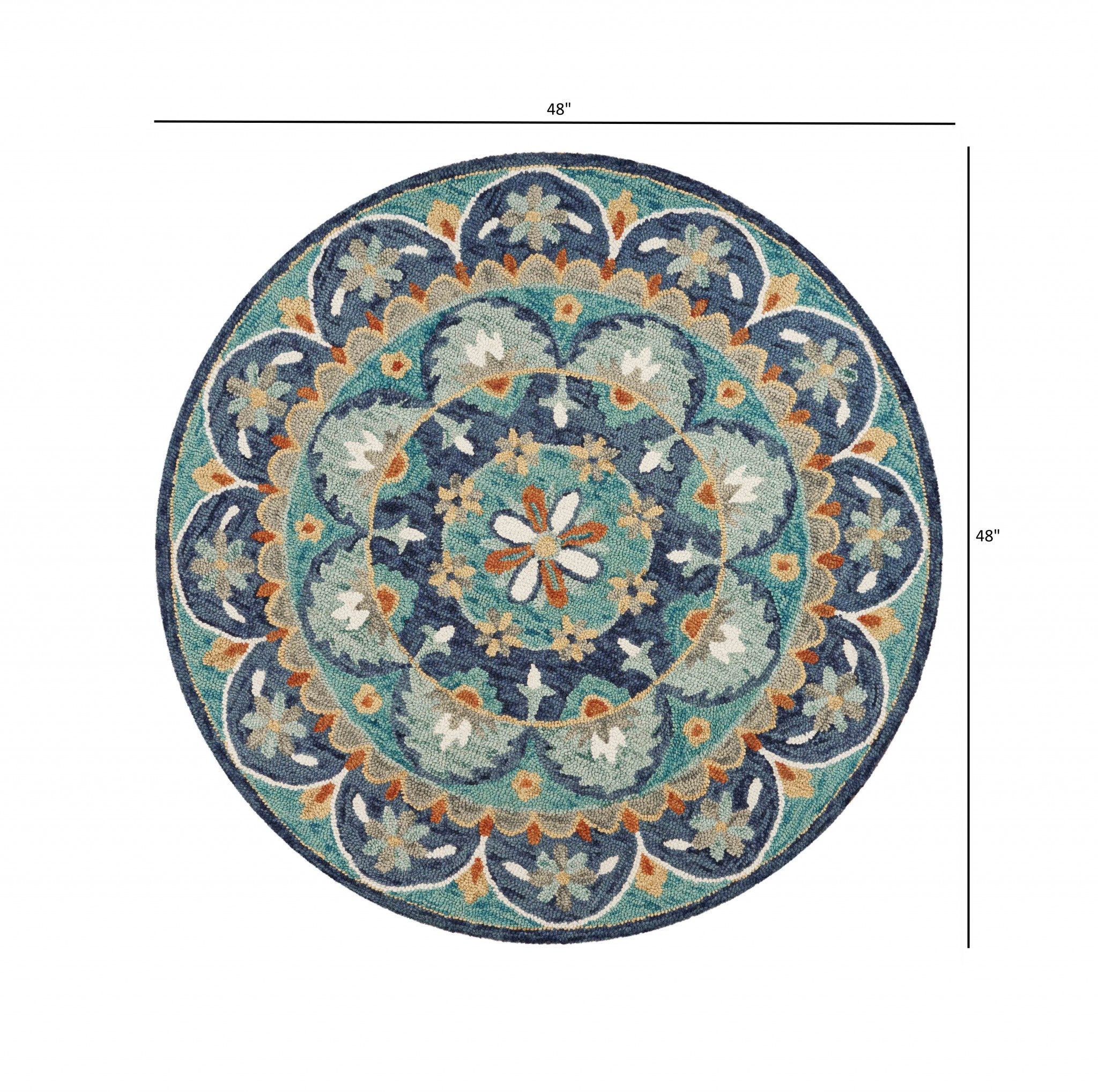 6' Blue And Green Round Wool Floral Hand Tufted Area Rug