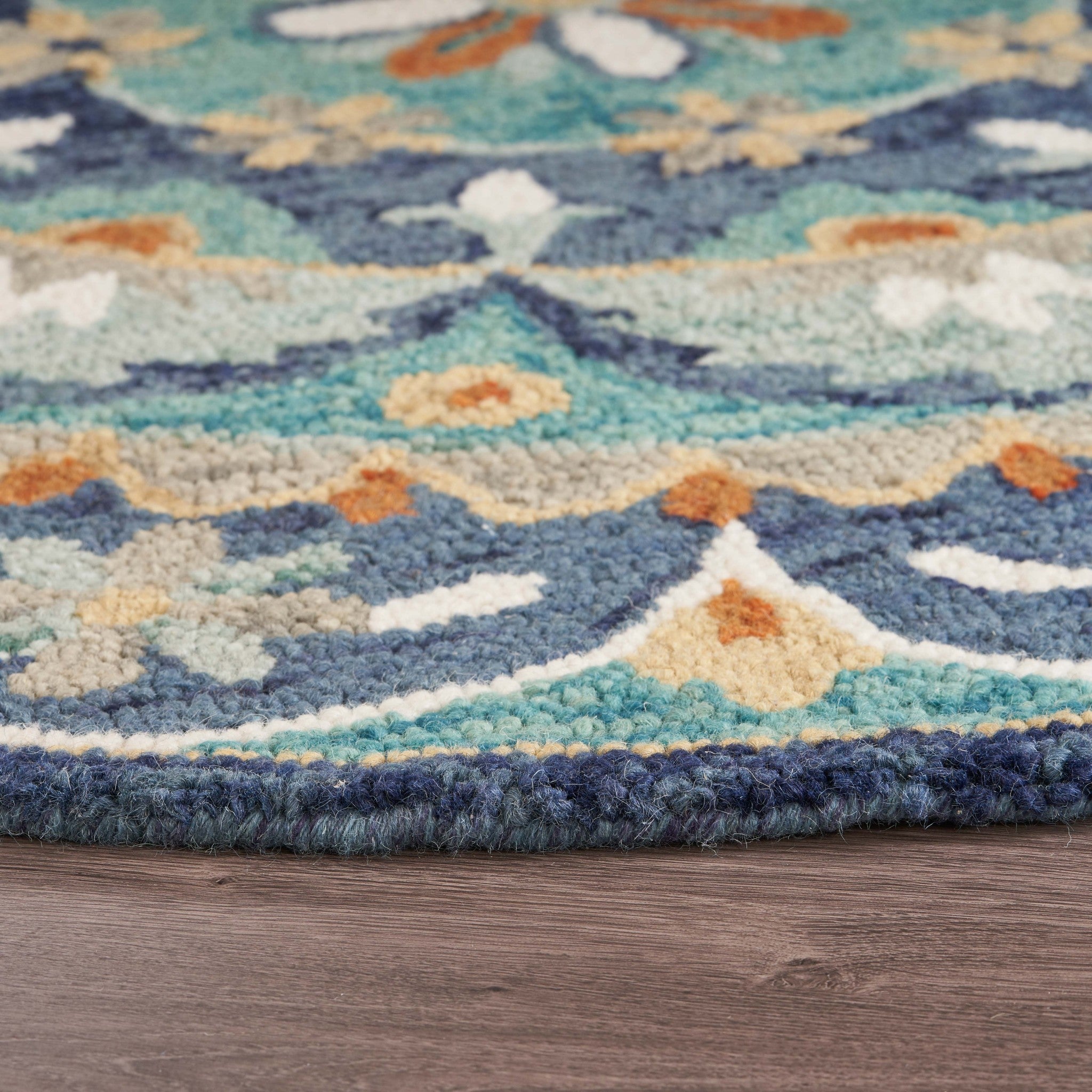 6' Blue And Green Round Wool Floral Hand Tufted Area Rug