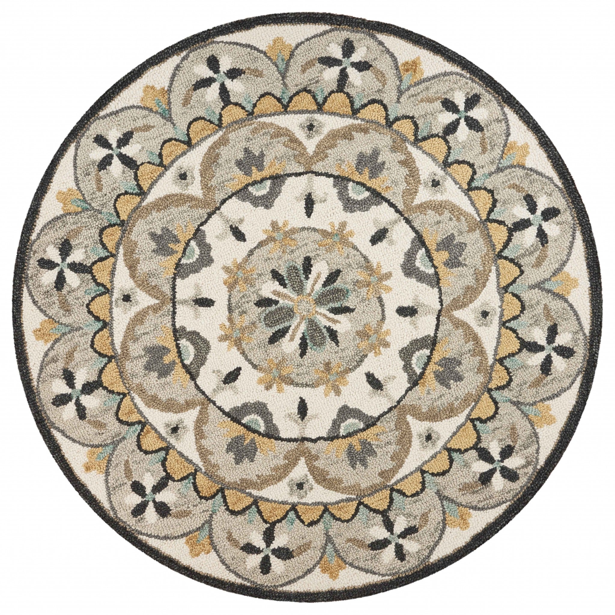 6' Gray And Black Round Wool Floral Dhurrie Handmade Area Rug