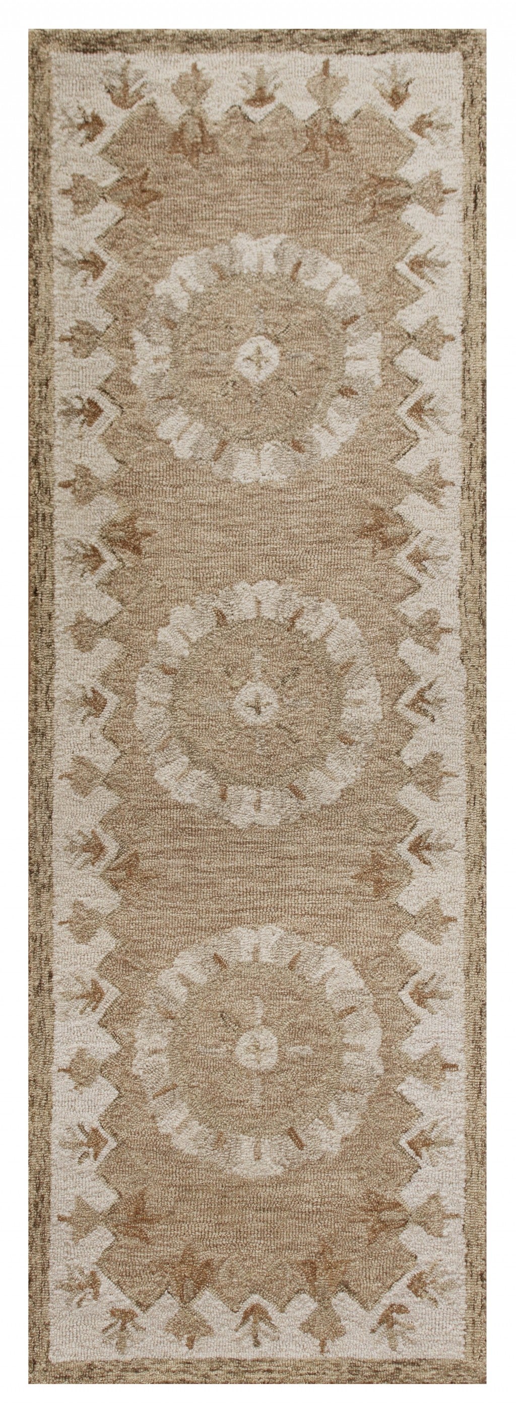 2’ X 7’ Tan Retro Modern Medallion Runner Rug