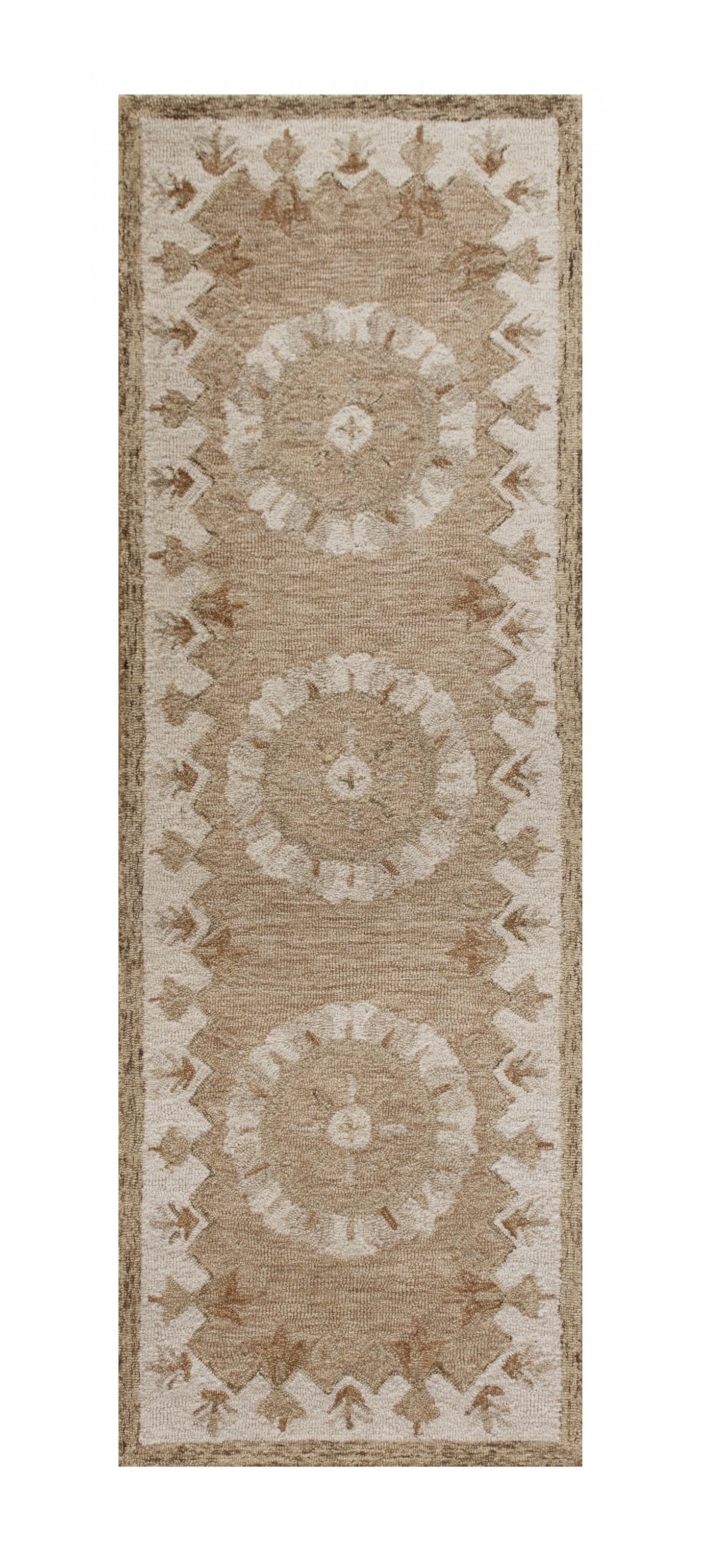 2’ X 7’ Tan Retro Modern Medallion Runner Rug