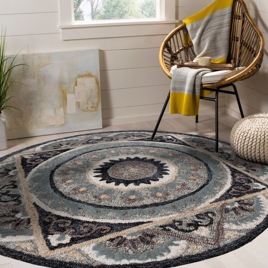 3’ Round Gray Geometric Medallion Area Rug