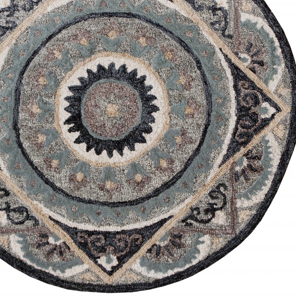 3’ Round Gray Geometric Medallion Area Rug