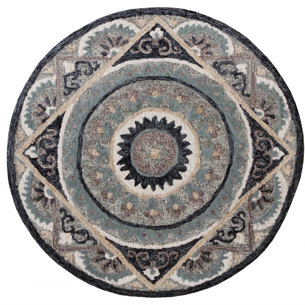 3’ Round Gray Geometric Medallion Area Rug