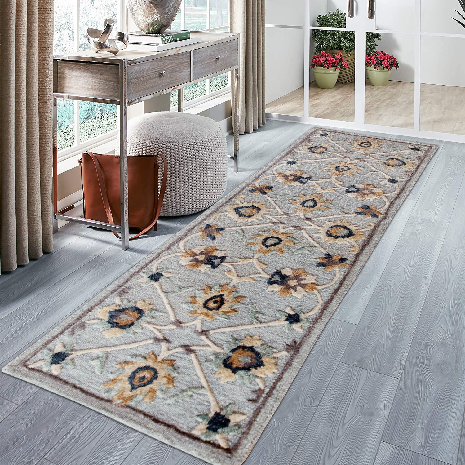 2’ X 4’ Blue And Beige Floral Hearth Rug