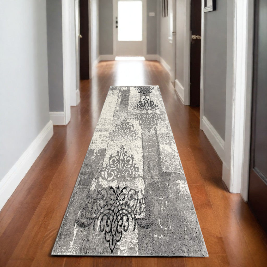 2' X 4' Gray Damask Dhurrie Area Rug