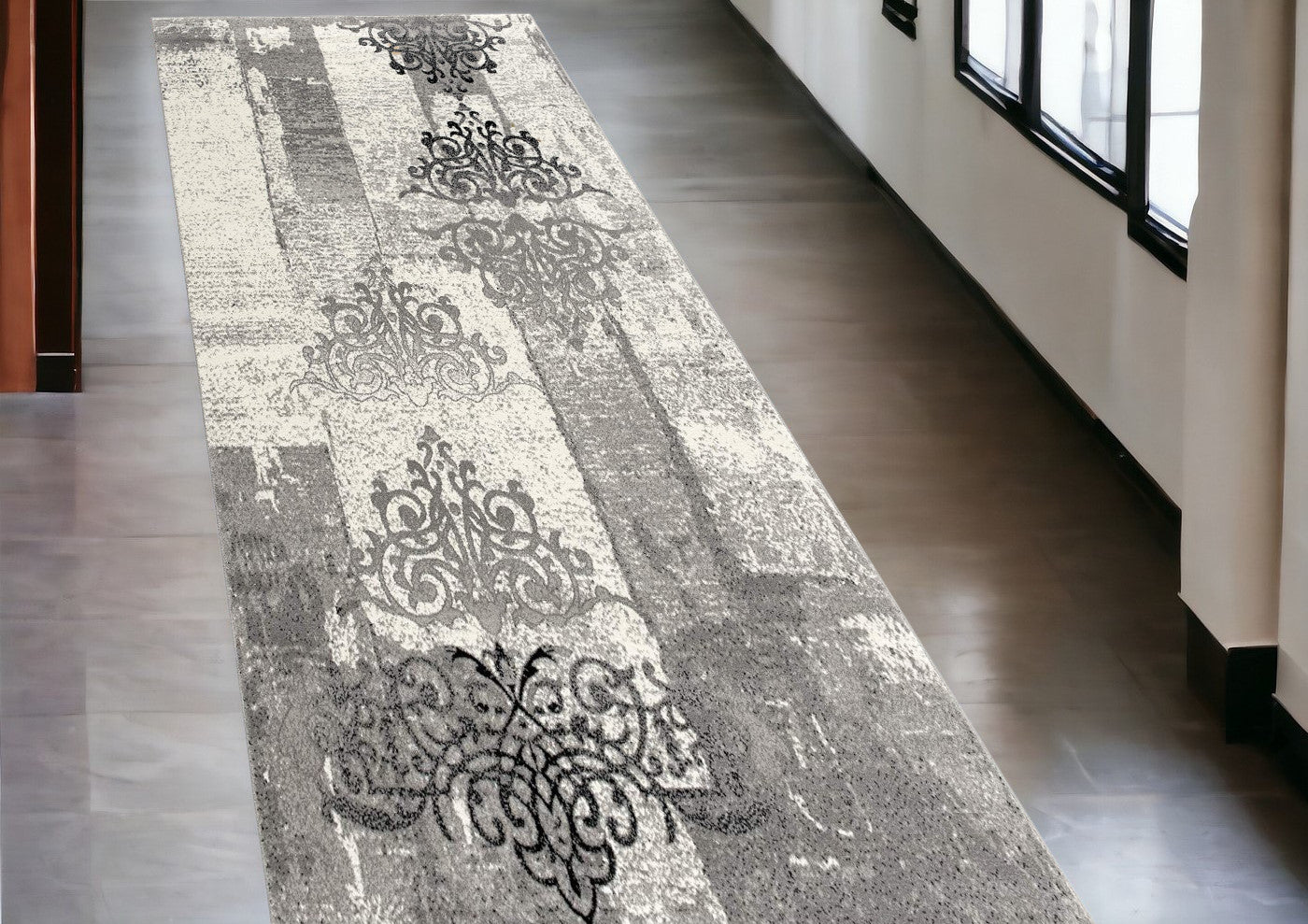 2' X 4' Gray Damask Dhurrie Area Rug