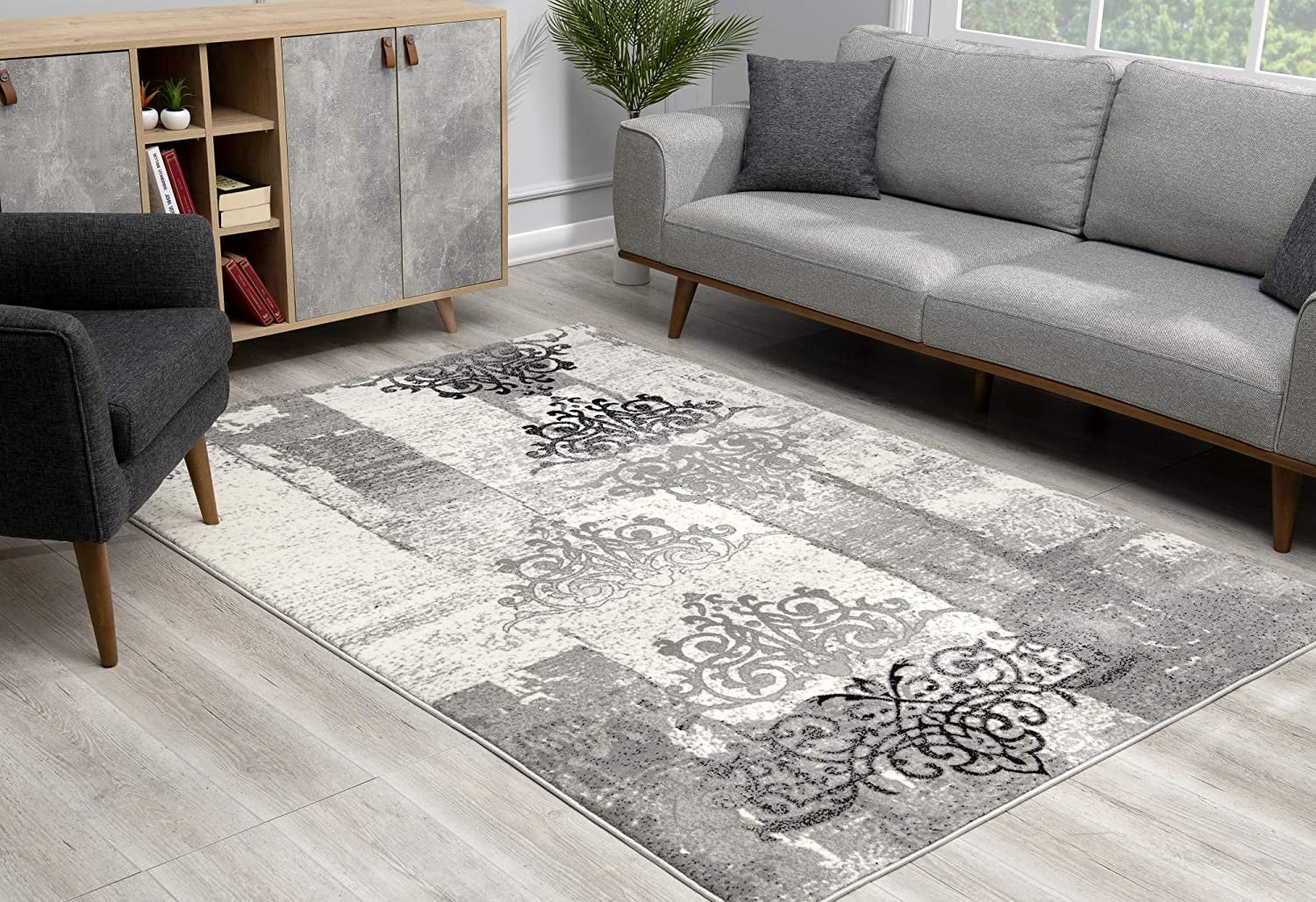 2' X 4' Gray Damask Dhurrie Area Rug