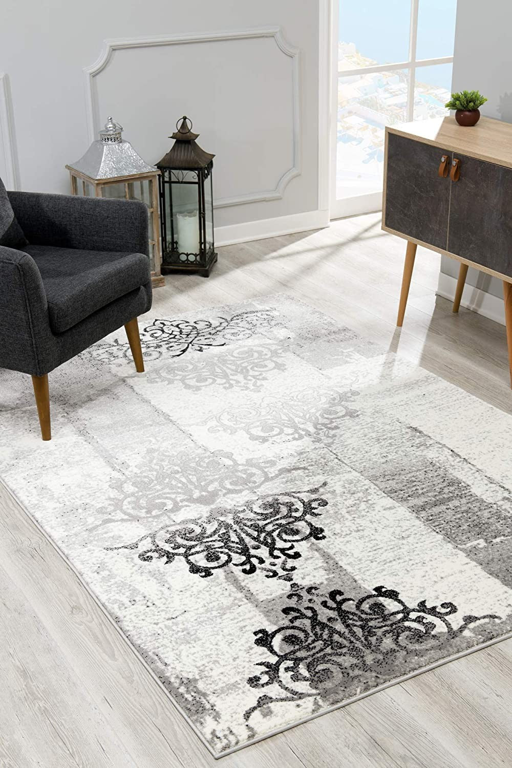 2' X 4' Gray Damask Dhurrie Area Rug