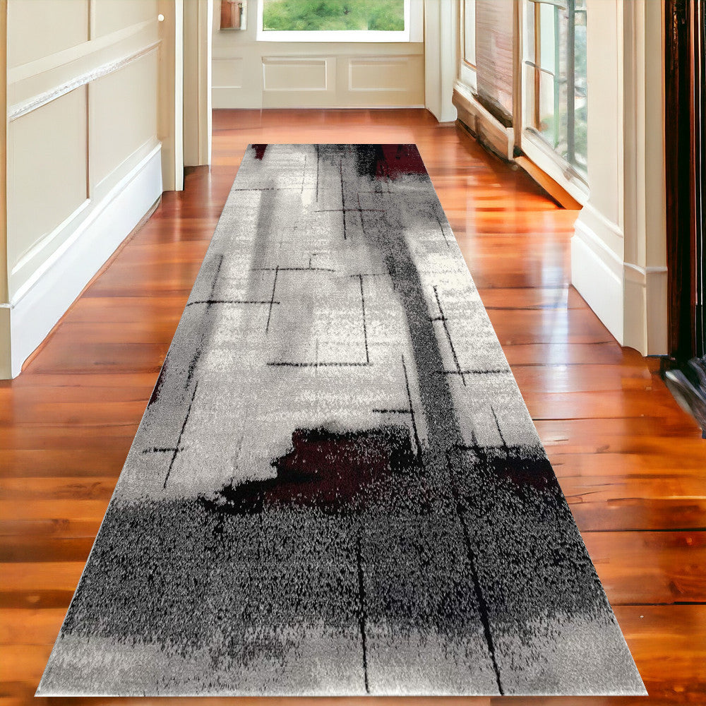 7’ X 9’ Gray And Burgundy Abstract Area Rug