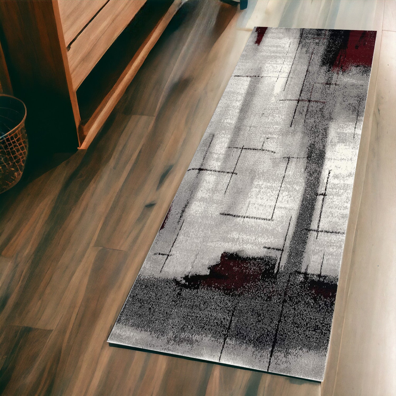 7’ X 9’ Gray And Burgundy Abstract Area Rug