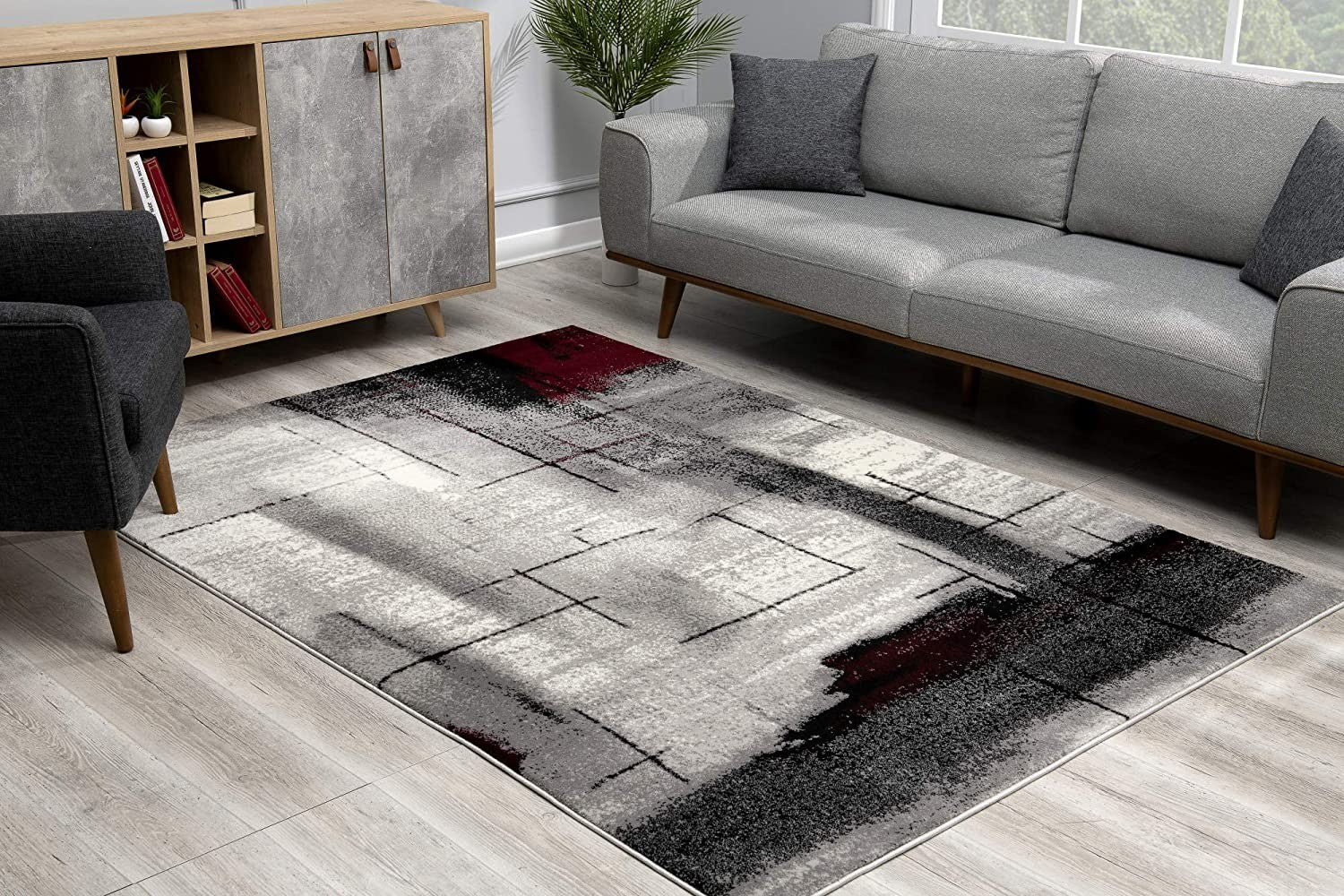 7’ X 9’ Gray And Burgundy Abstract Area Rug