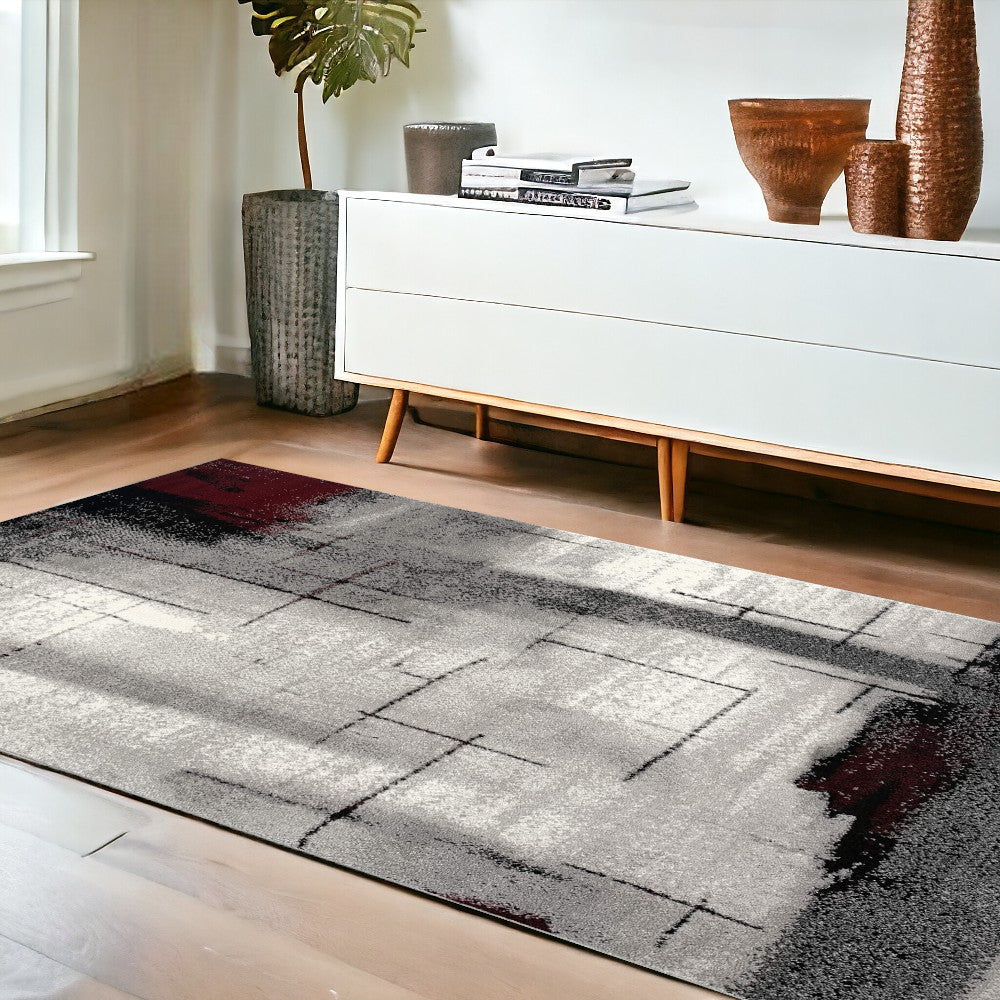 7’ X 9’ Gray And Burgundy Abstract Area Rug