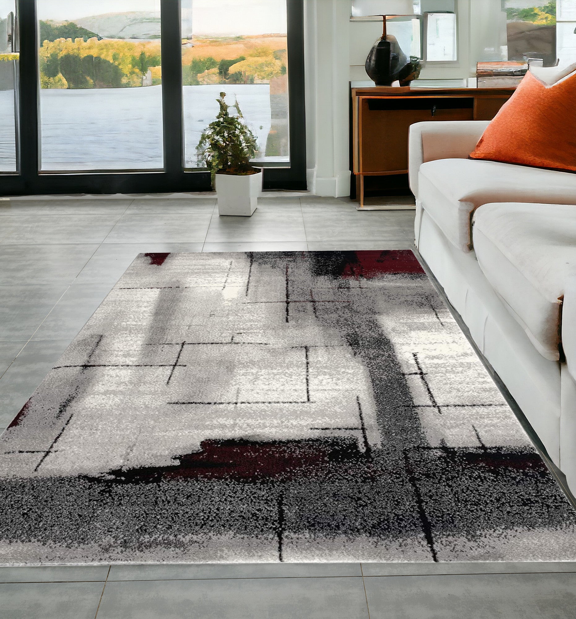 7’ X 9’ Gray And Burgundy Abstract Area Rug