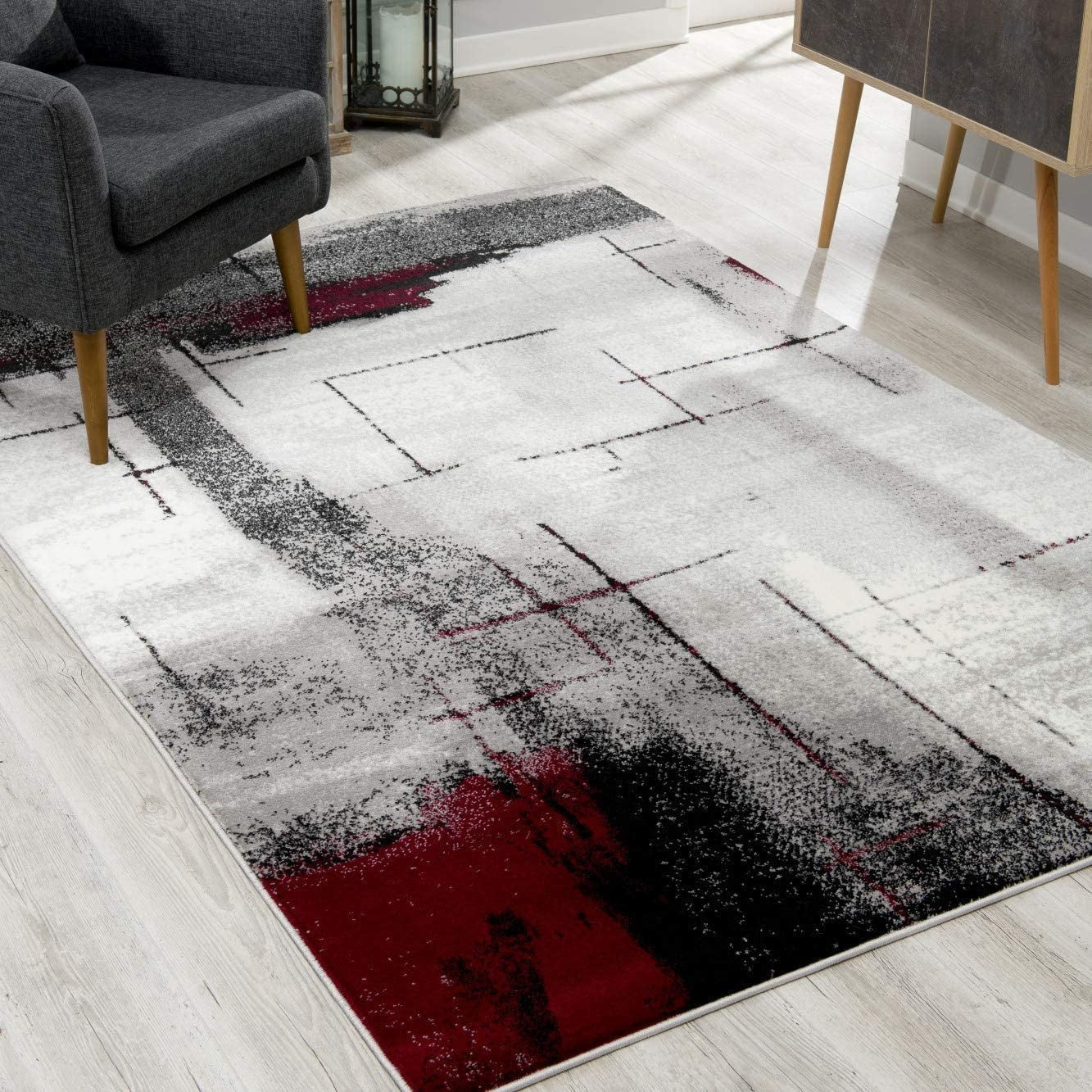 7’ X 9’ Gray And Burgundy Abstract Area Rug