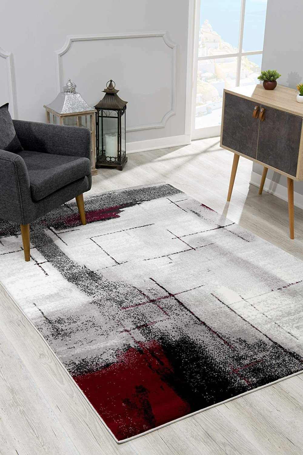 7’ X 9’ Gray And Burgundy Abstract Area Rug