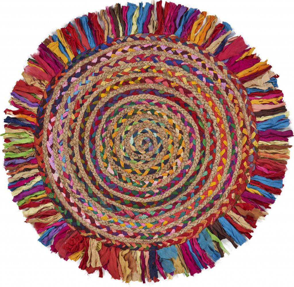 Multicolored Chindi And Natural Jute Fringed Round Rug