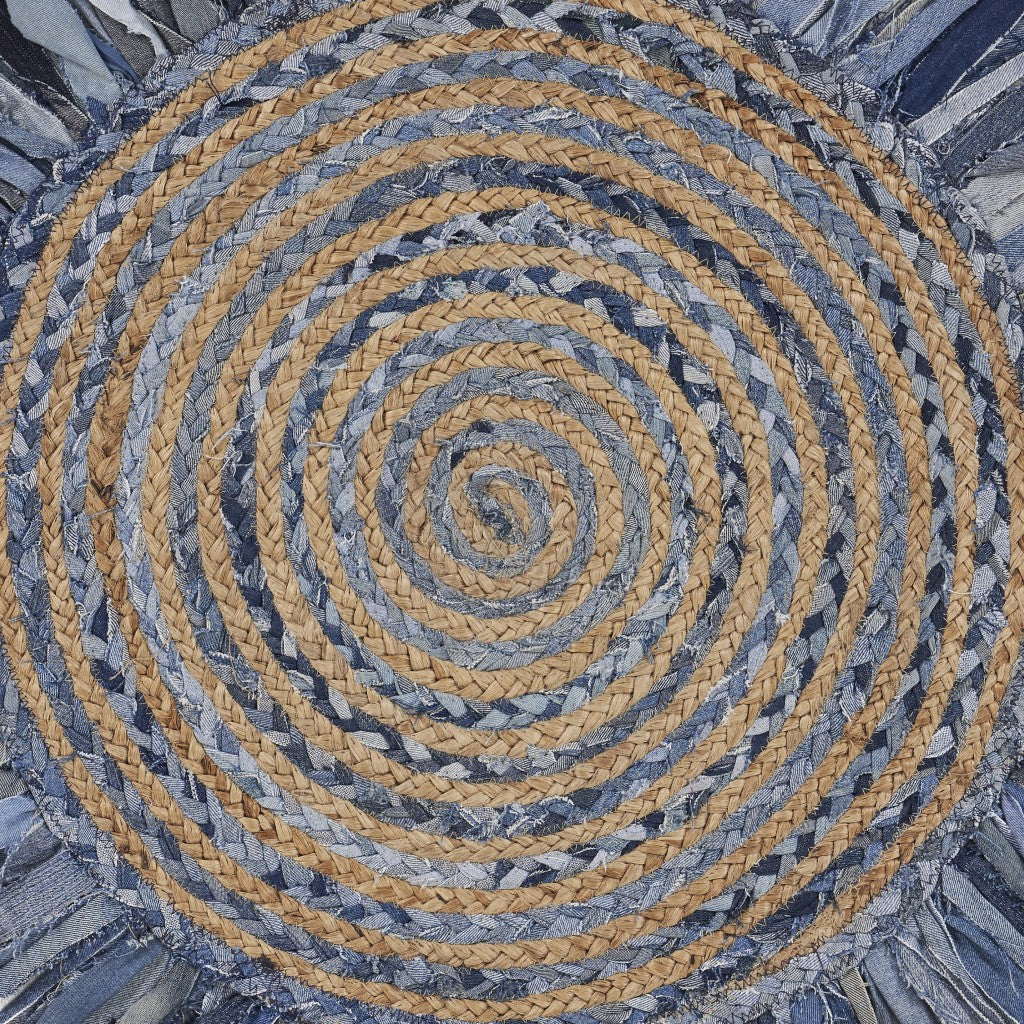 Denim And Natural Jute Round Swirl Fringed Rug