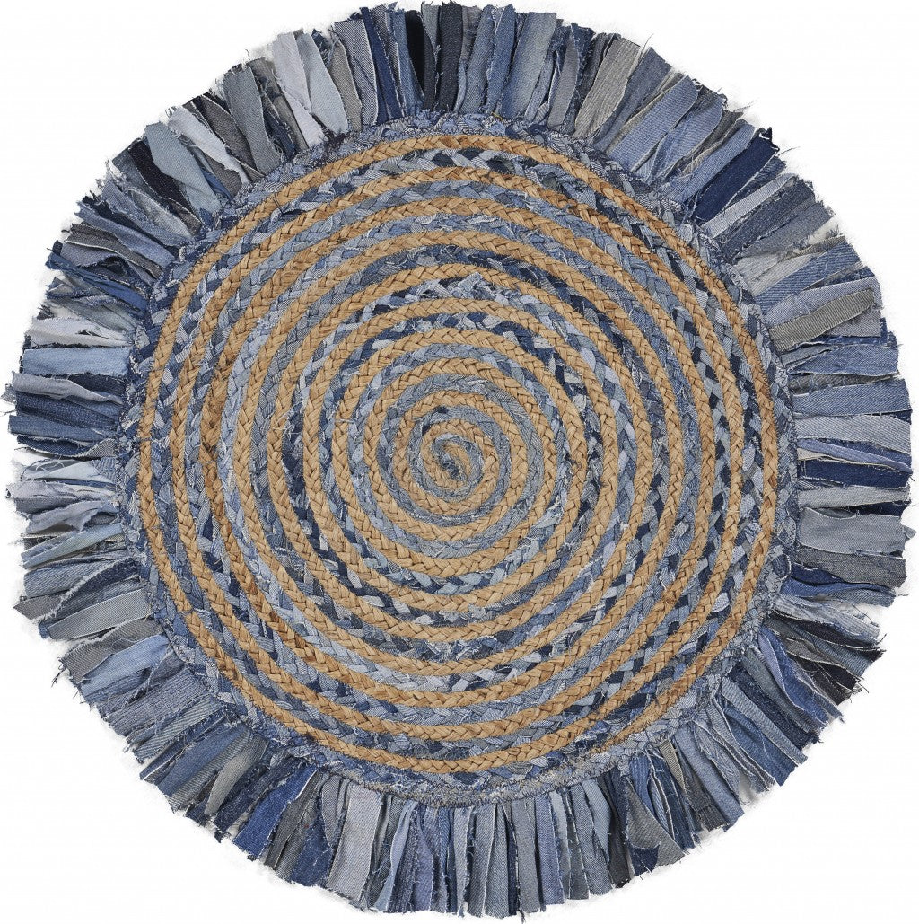 Denim And Natural Jute Round Swirl Fringed Rug