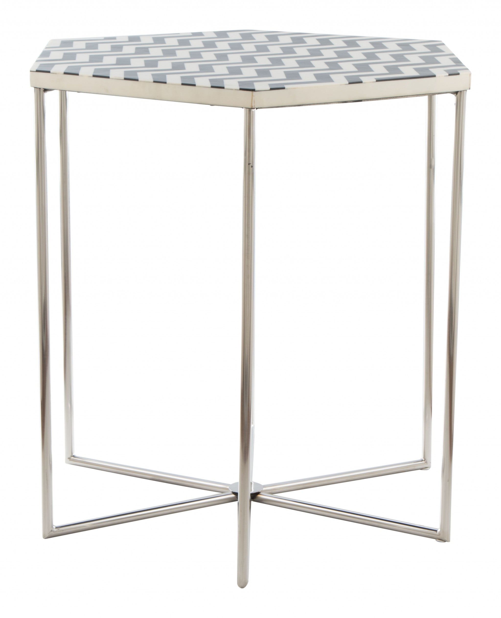 21" Silver And Black And White Stone Hexagon End Table