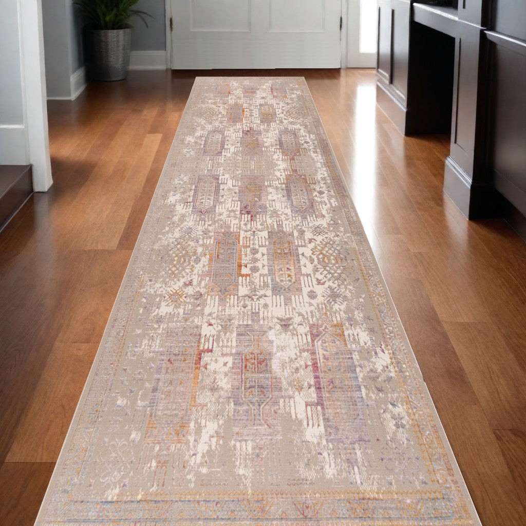 2’ x 10’ Beige Faded Tribal Motifs Runner Rug