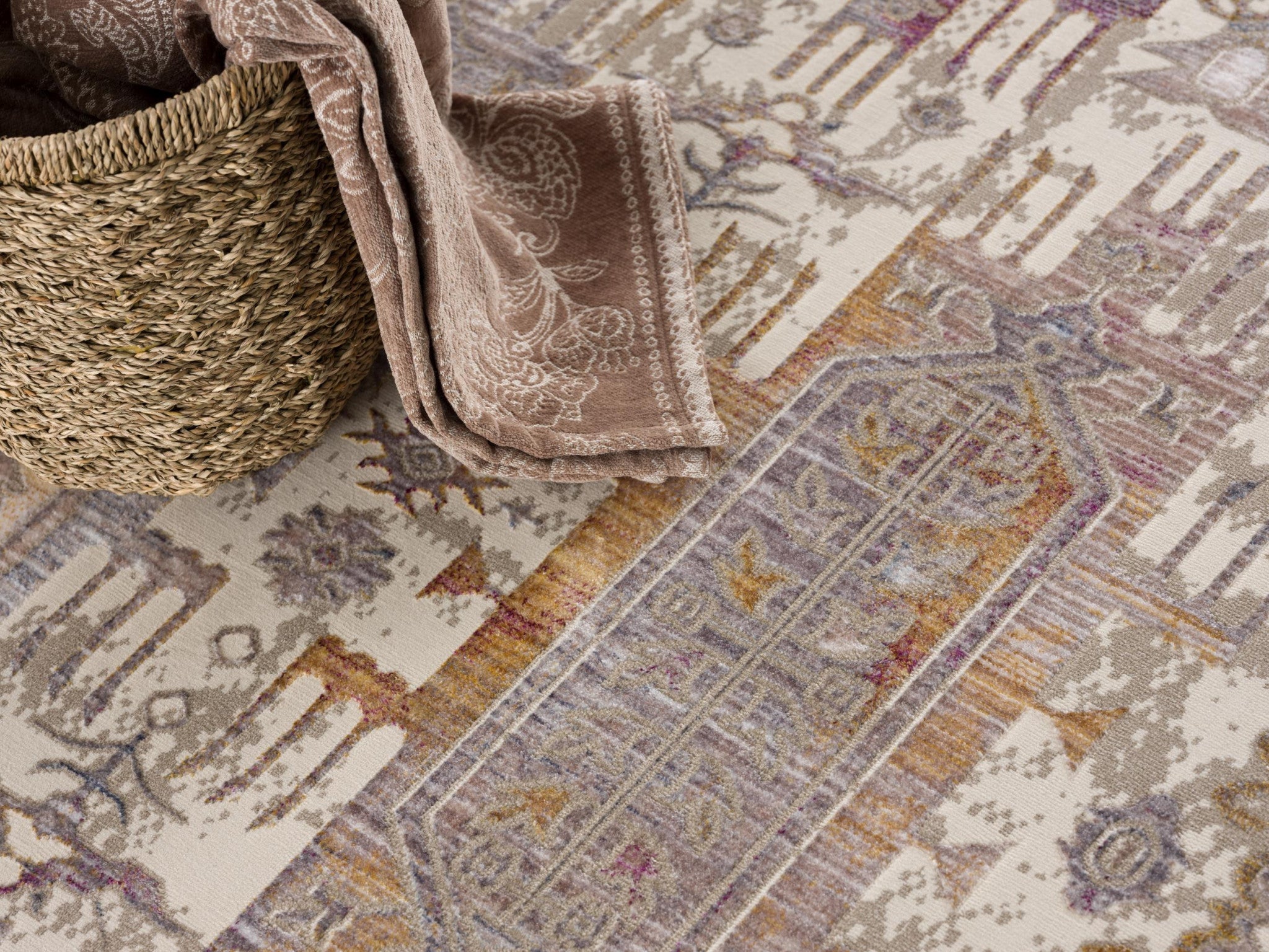 2’ x 10’ Beige Faded Tribal Motifs Runner Rug