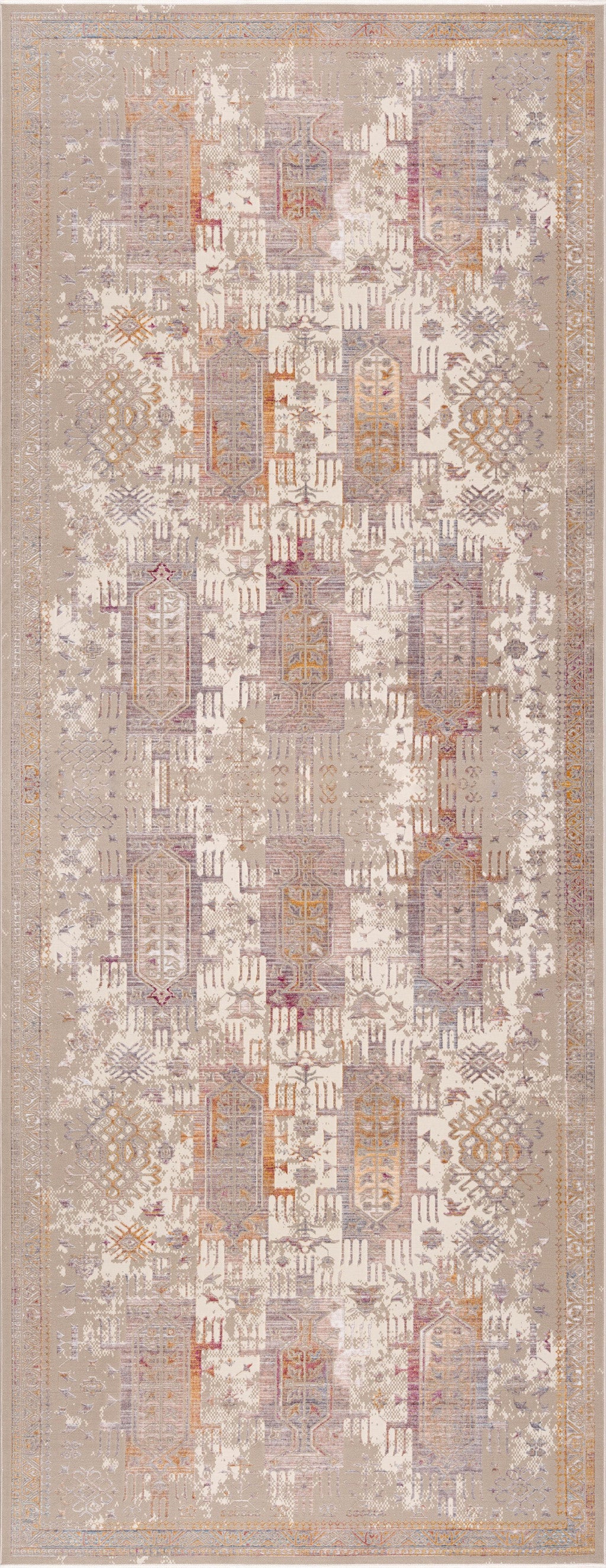 2’ x 10’ Beige Faded Tribal Motifs Runner Rug