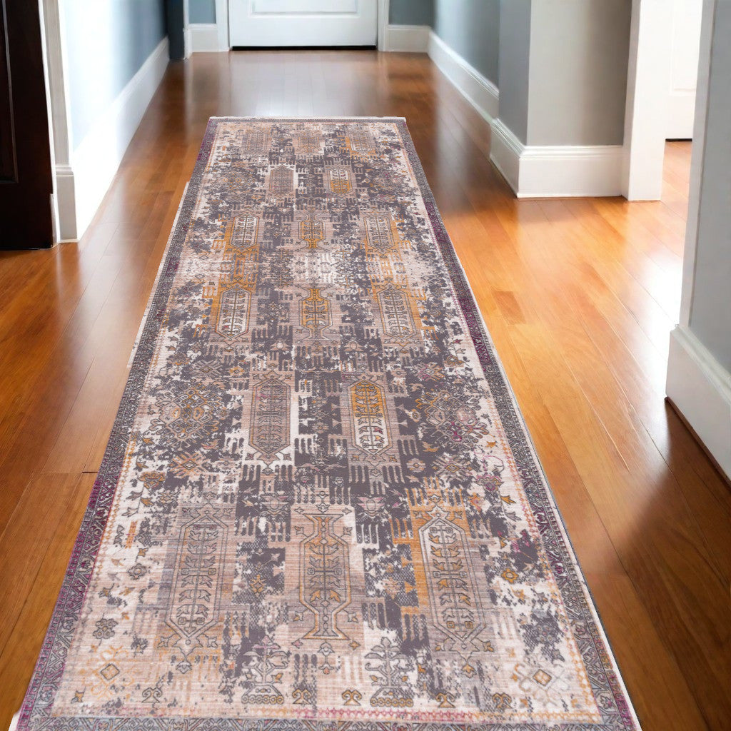 2’ x 10’ Gray Faded Tribal Motifs Runner Rug