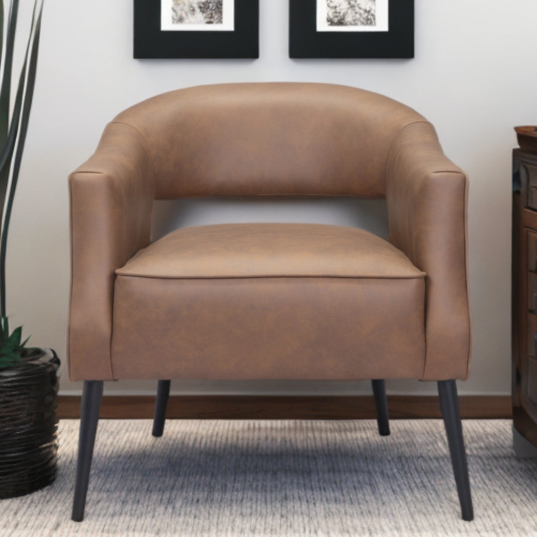 27" Brown Faux Leather And Gold Arm Chair