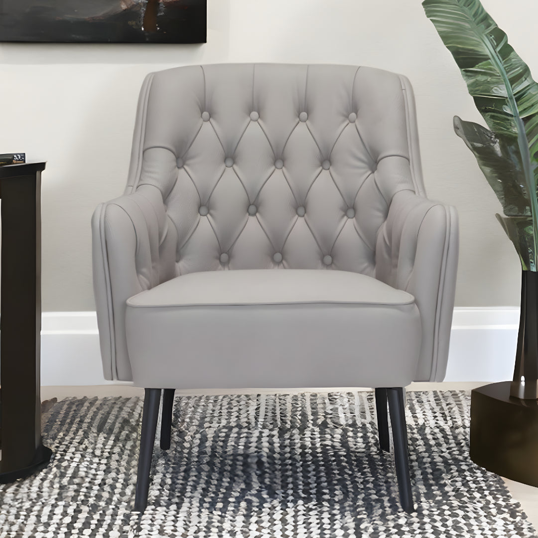 29" Grey Faux Leather And Black Tufted Arm Chair
