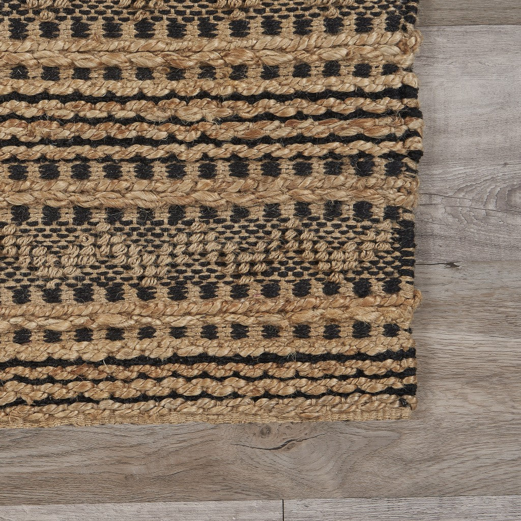 9’ x 13’ Tan and Black Intricate Striped Area Rug