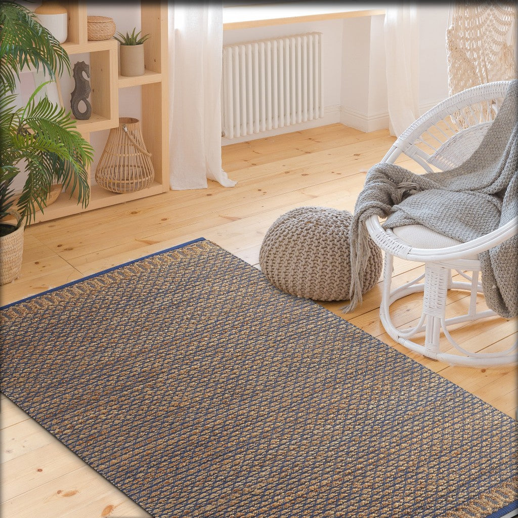 5’ x 8’ Tan and Blue Detailed Lattice Area Rug