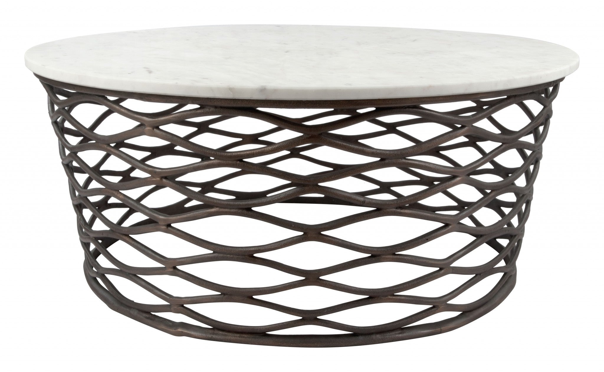 36" Antiqued Bronze And White Genuine Marble Round Coffee Table
