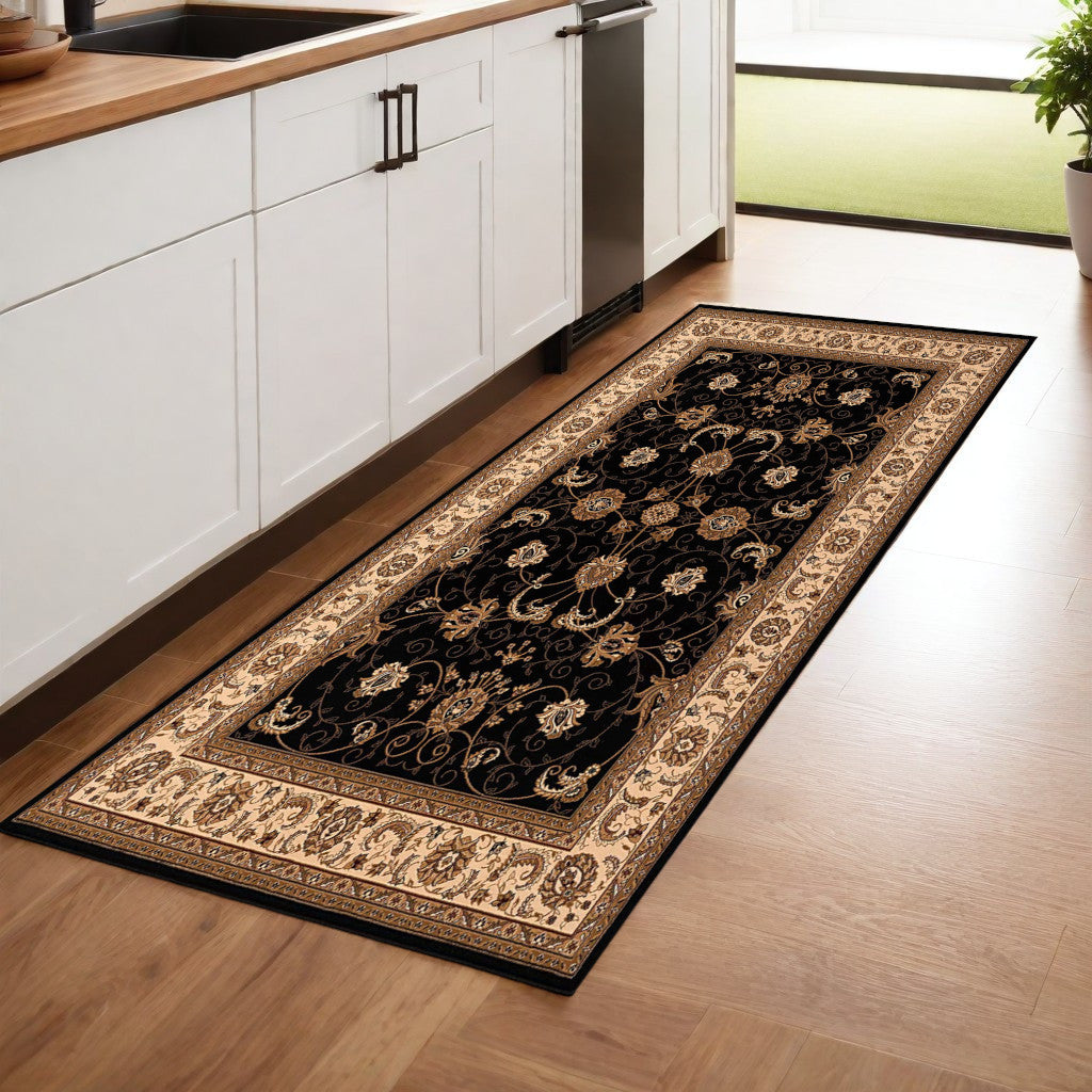 2’ x 10’ Black and Tan Floral Vines Runner Rug