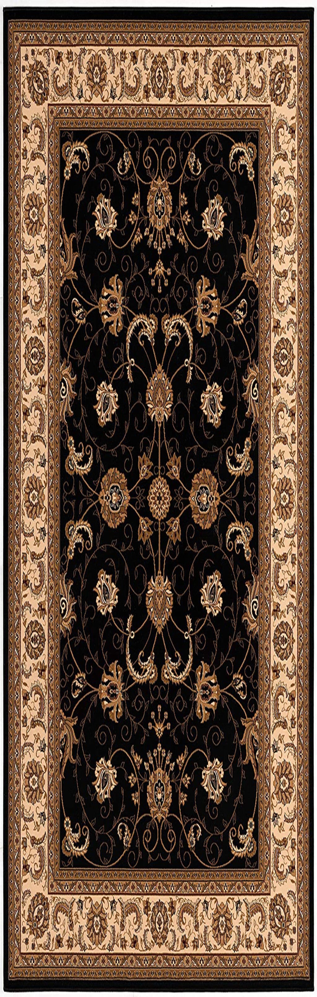 2’ x 10’ Black and Tan Floral Vines Runner Rug