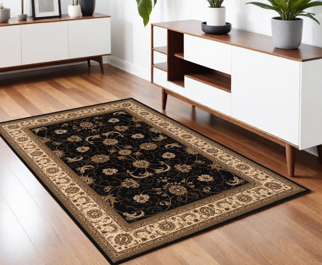 2’ x 10’ Black and Tan Floral Vines Runner Rug