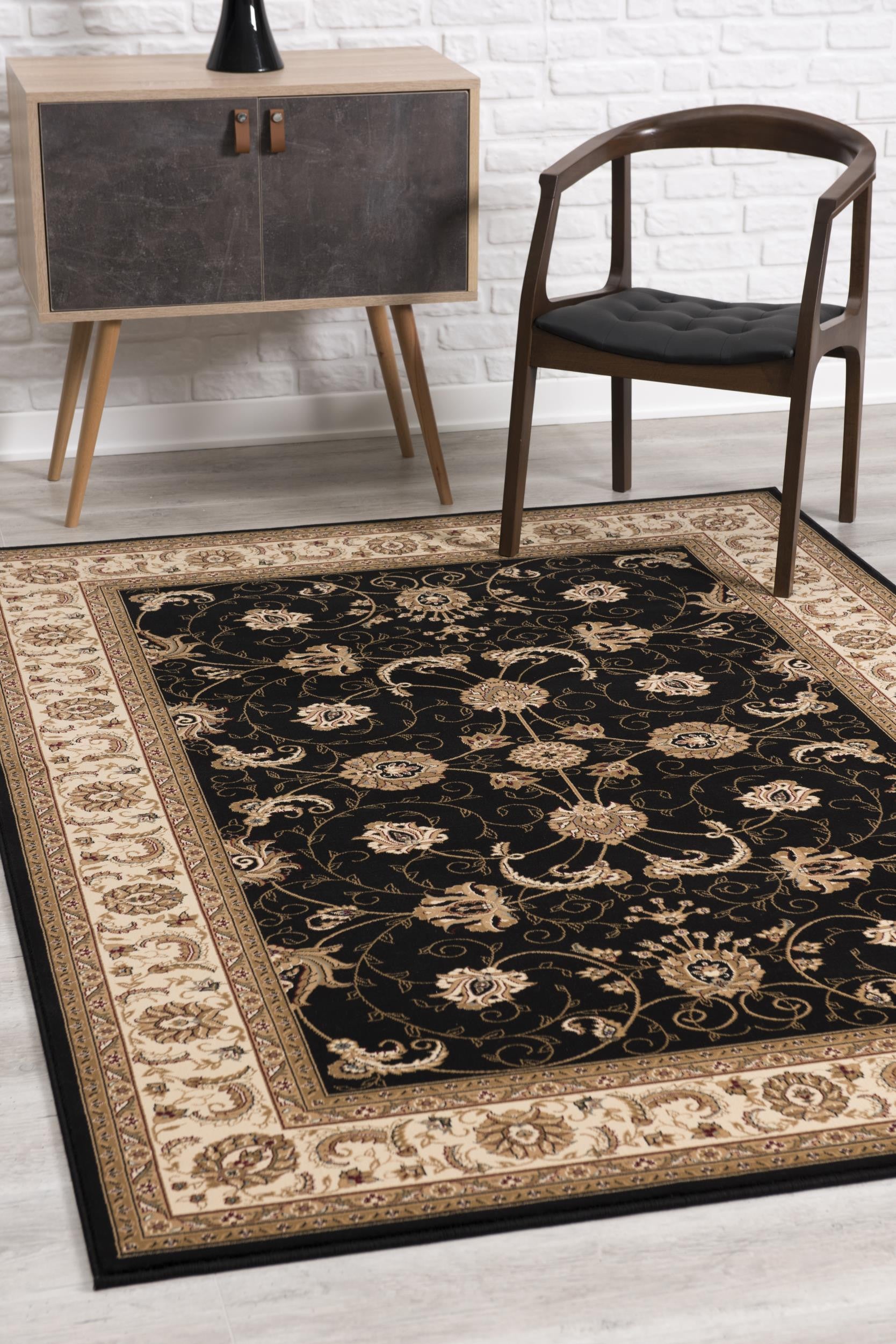 2’ x 10’ Black and Tan Floral Vines Runner Rug