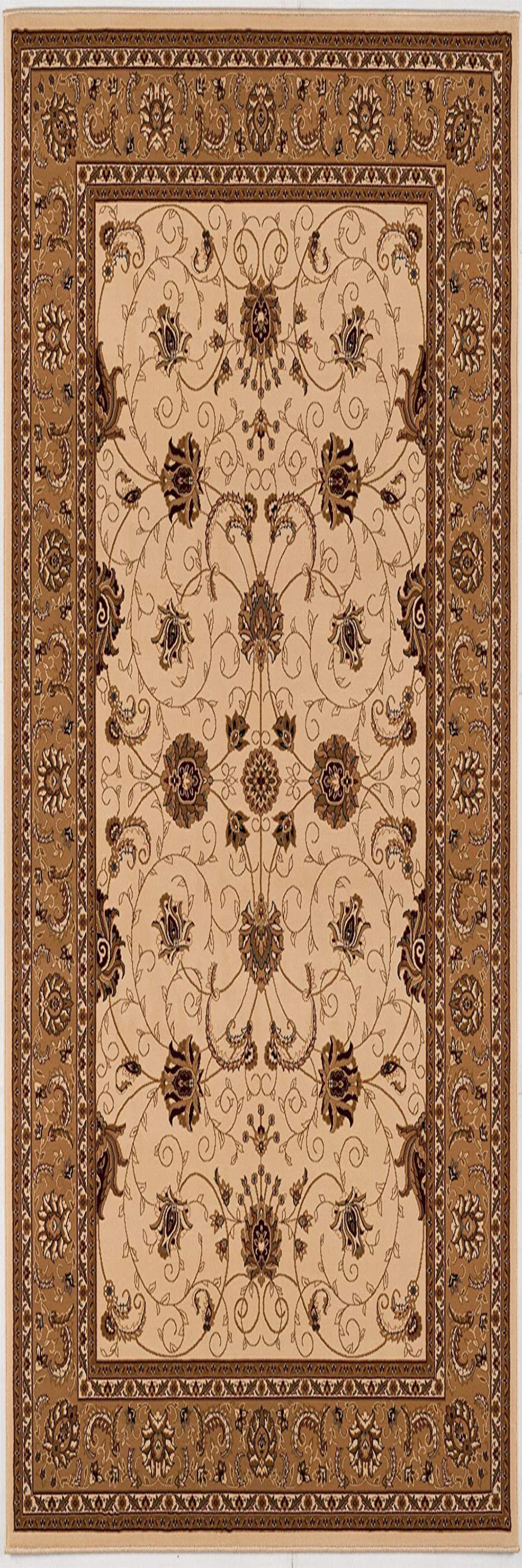 5’ Round Cream and Tan Ornate Border Area Rug