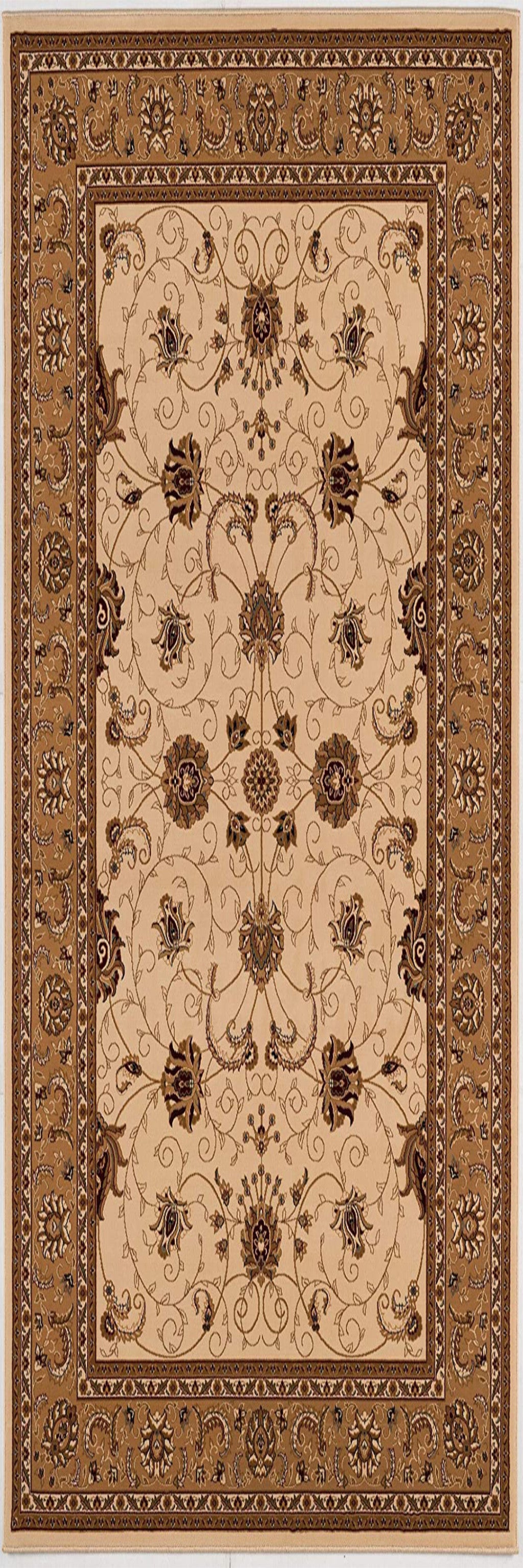 5’ Round Cream and Tan Ornate Border Area Rug