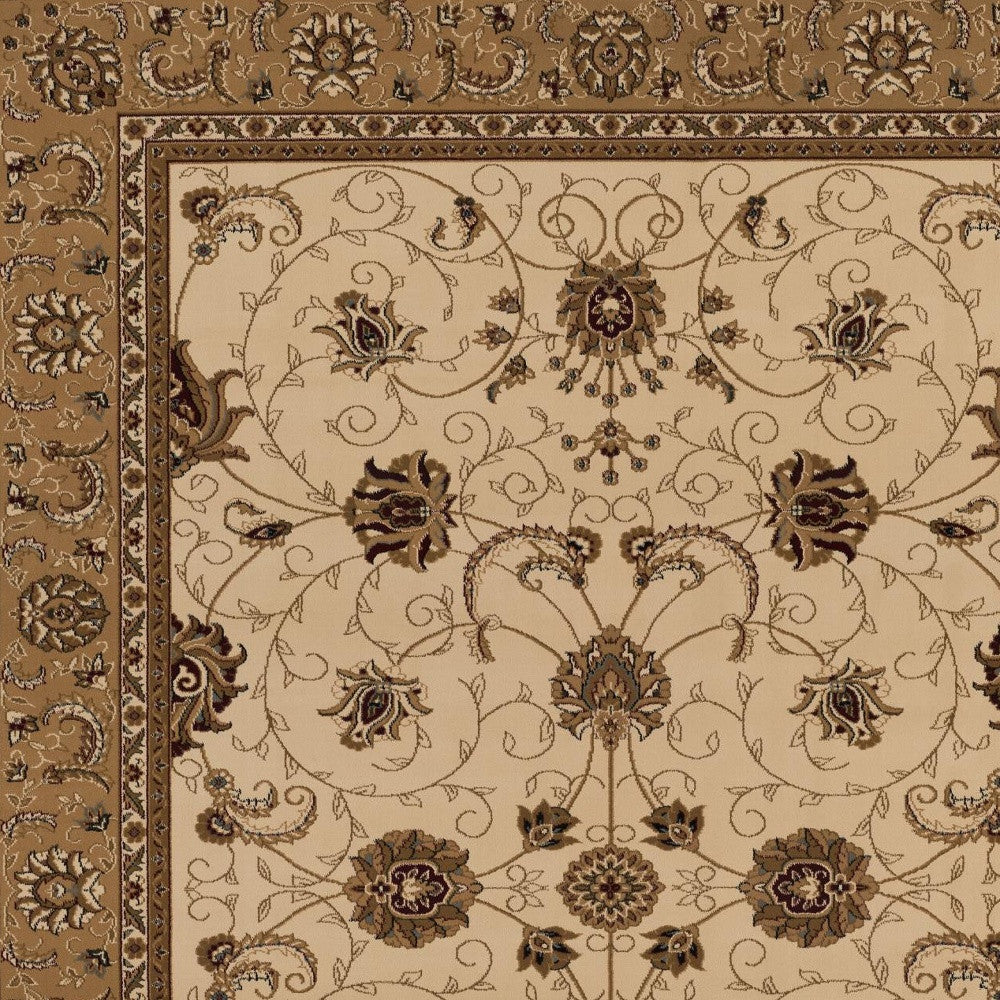 5’ Round Cream and Tan Ornate Border Area Rug