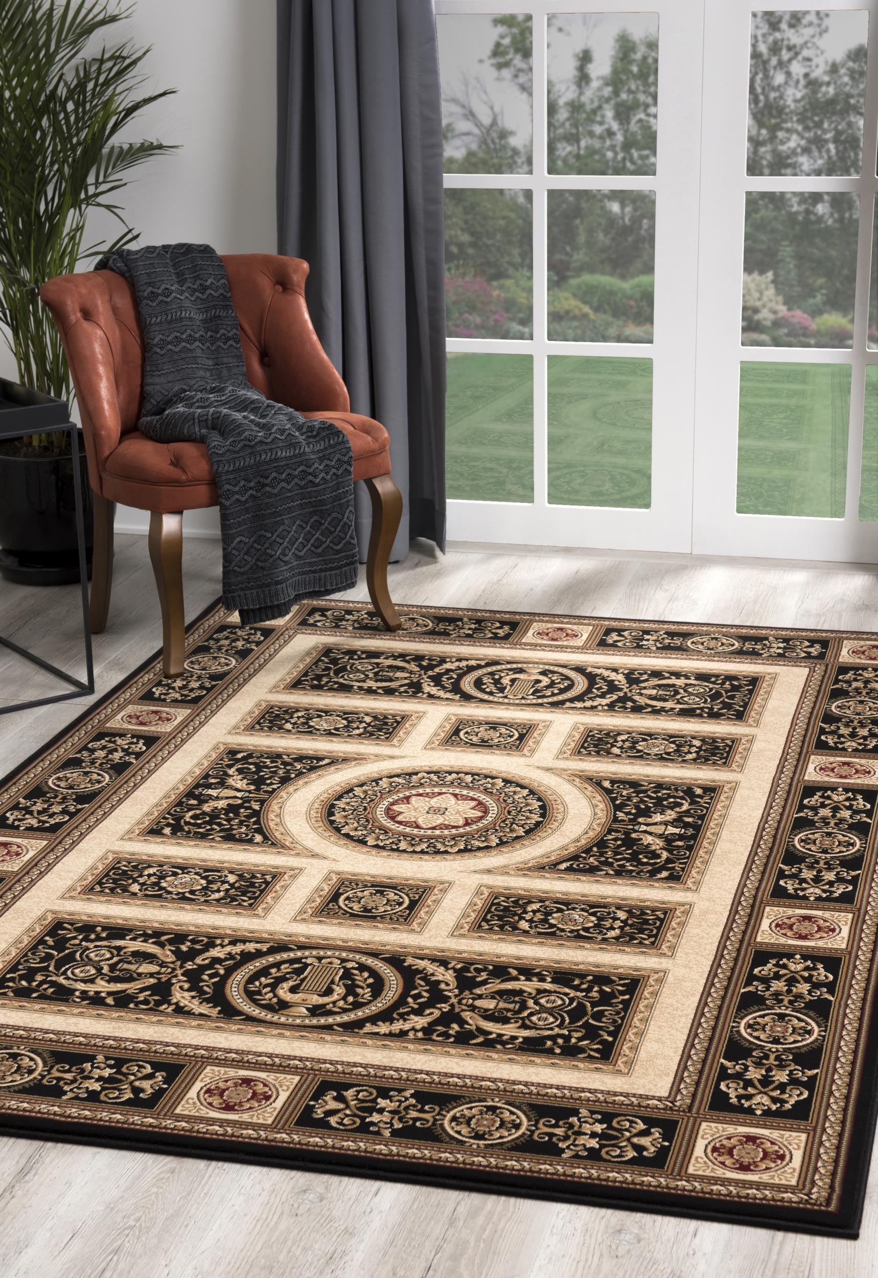 7’ x 9’ Black and Beige Traditional Geometric Area Rug