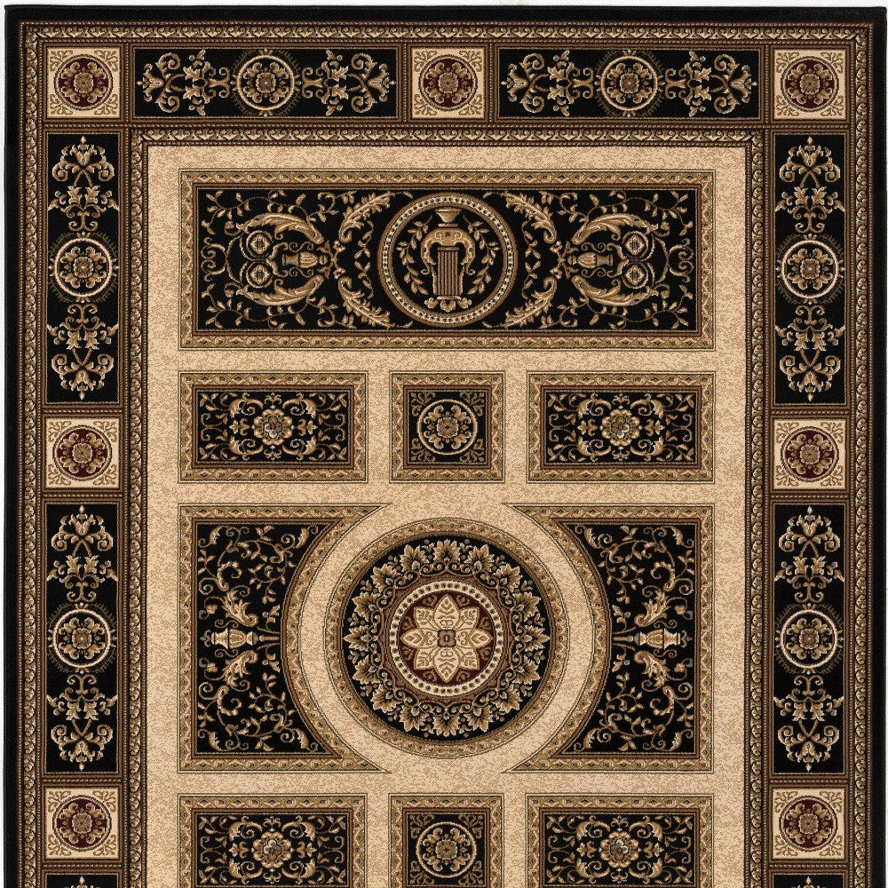 7’ x 9’ Black and Beige Traditional Geometric Area Rug