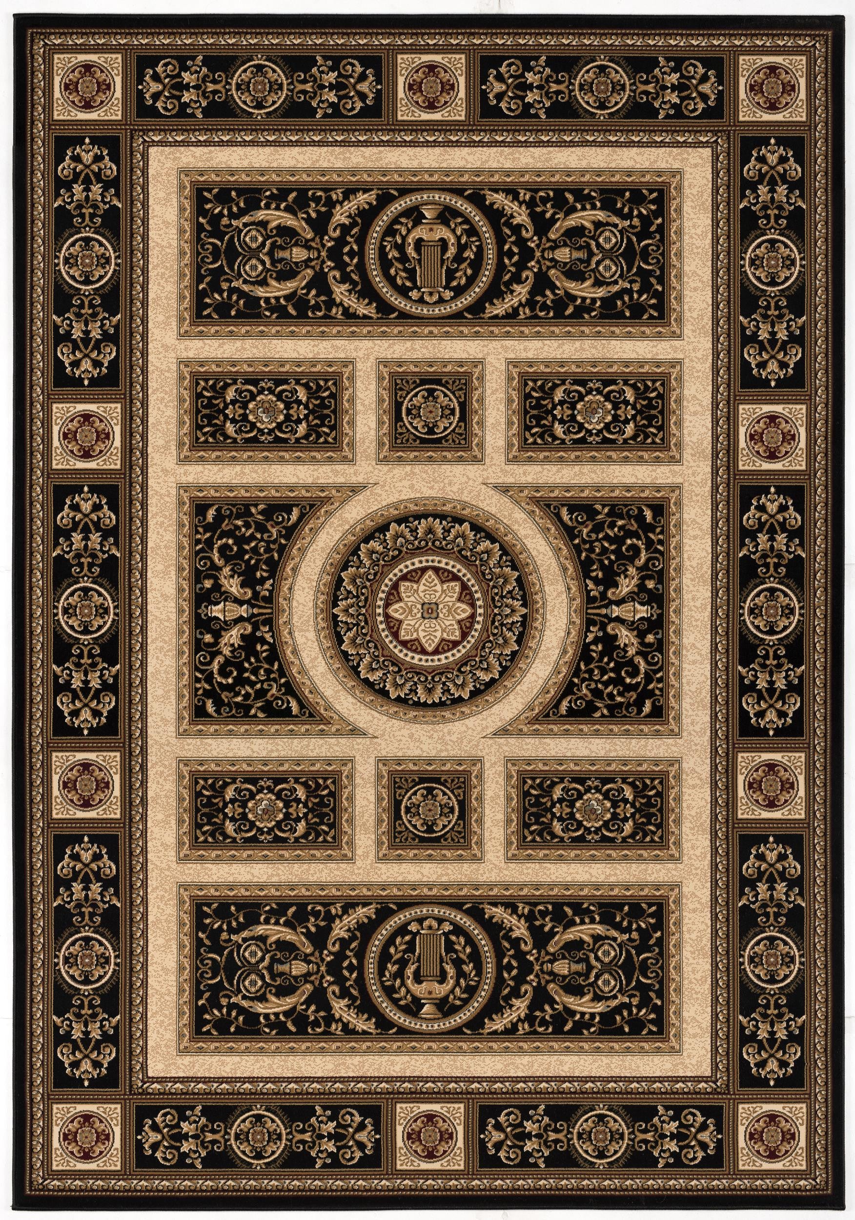 7’ x 9’ Black and Beige Traditional Geometric Area Rug