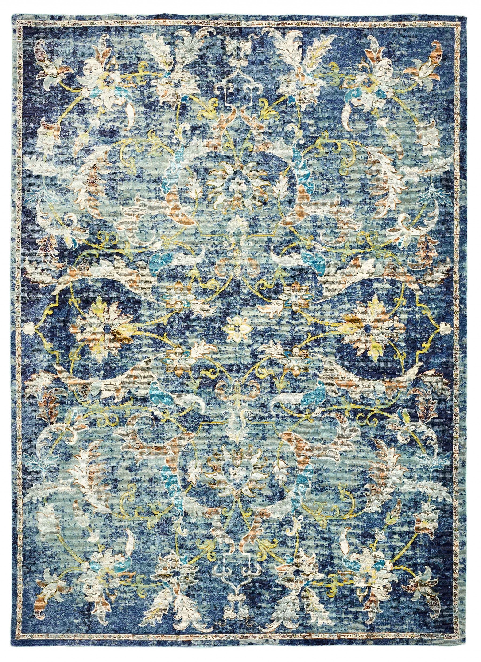 5’ x 8’ Blue and White Jacobean Pattern Area Rug