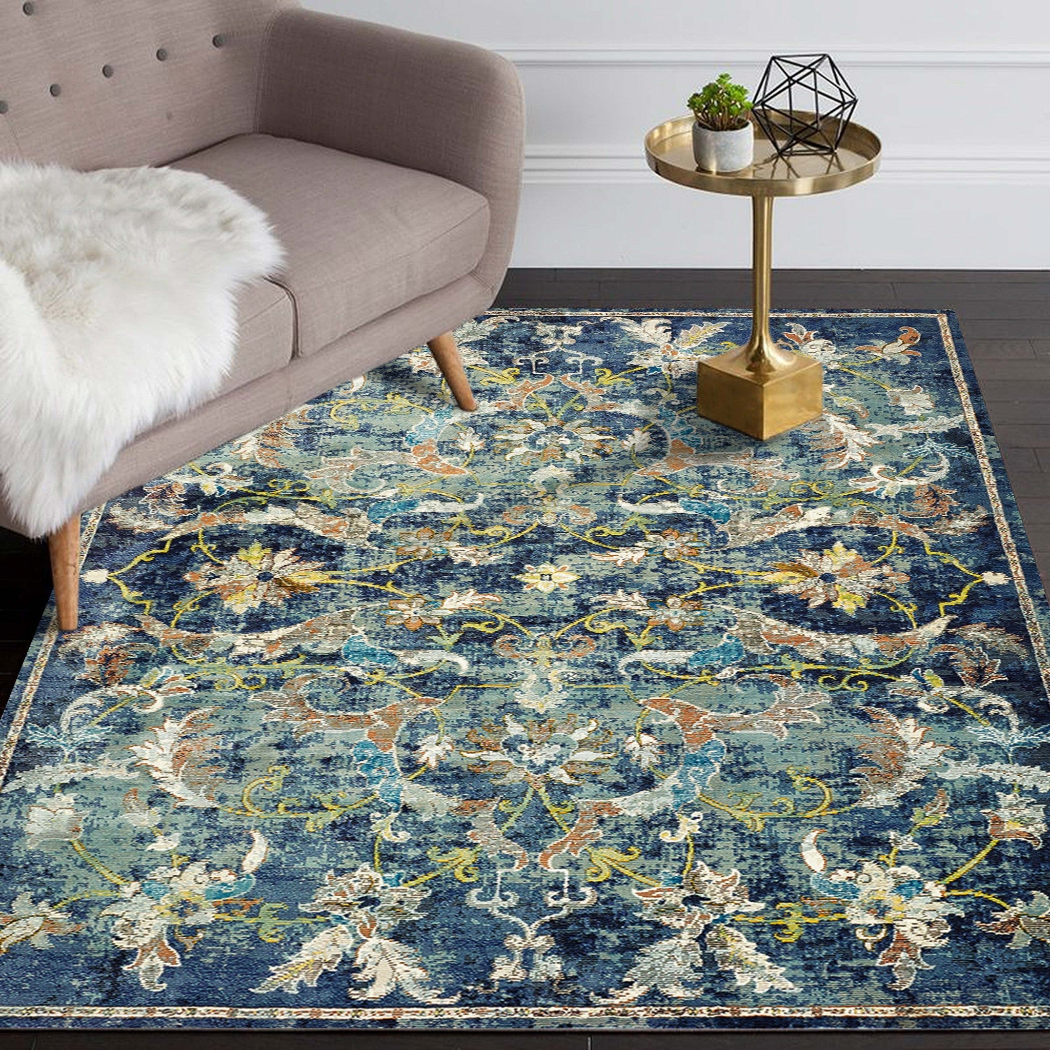 5’ x 8’ Blue and White Jacobean Pattern Area Rug