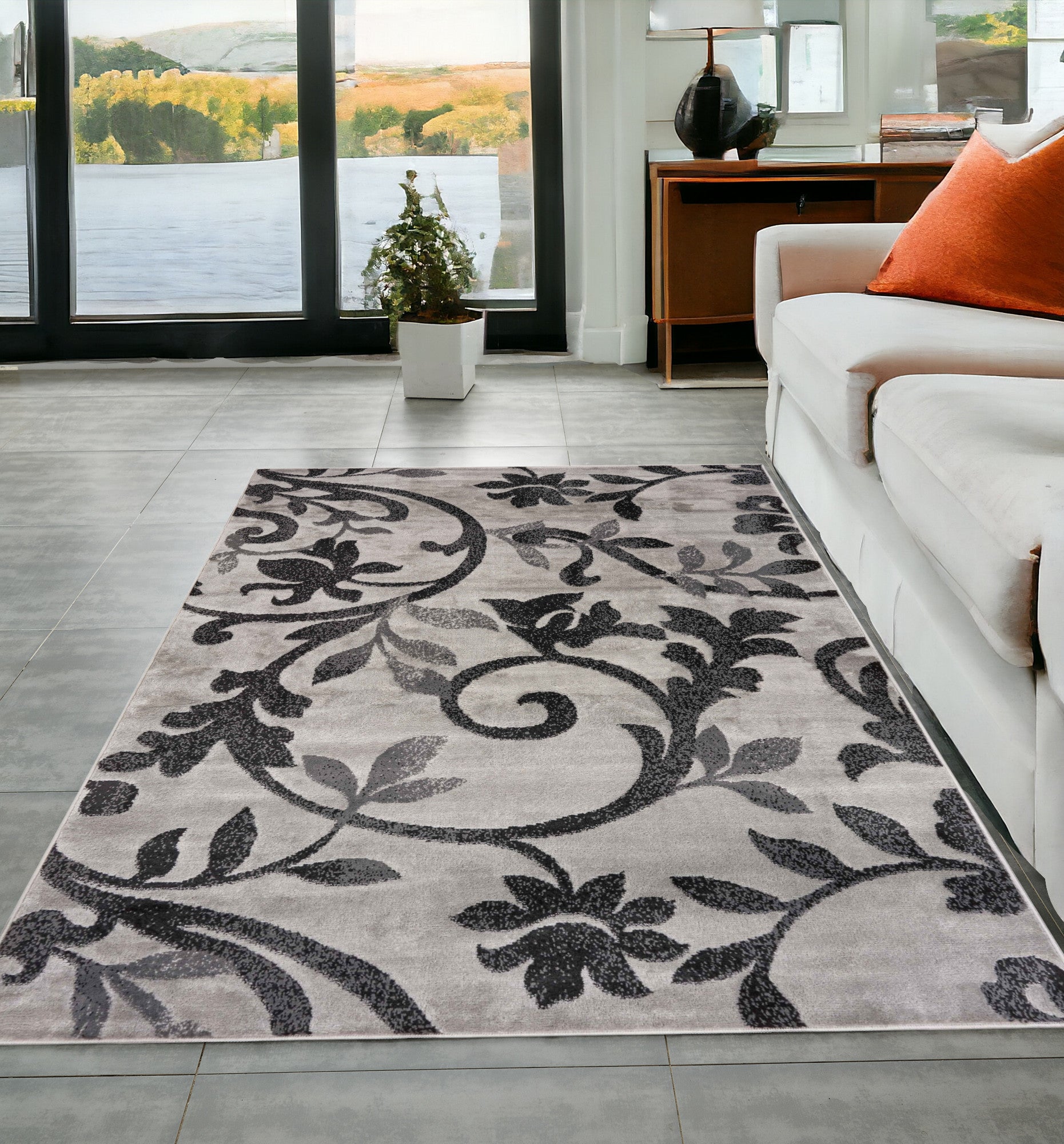 5’ x 7’ Gray Filigree Vines Area Rug