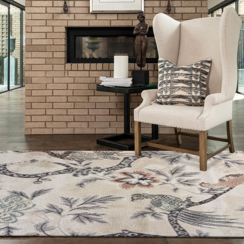 8’ x 10’ Soft Beige Birds and Trees Area Rug