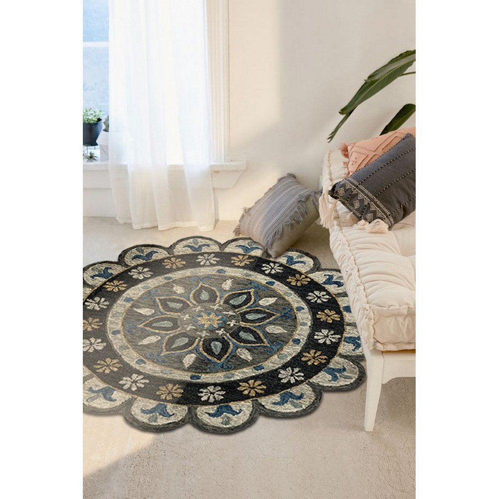 5' Gray Round Wool Hand Hooked Handmade Area Rug