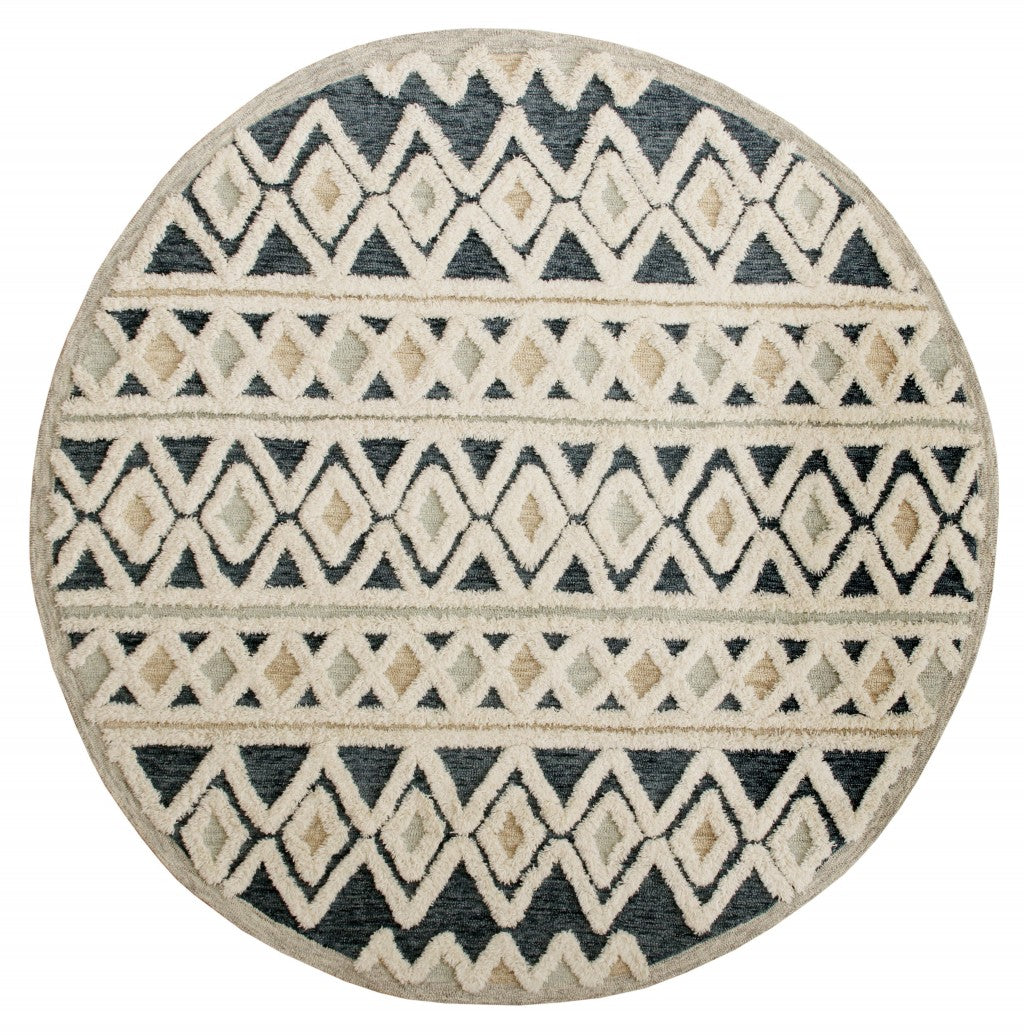 4’ Round Blue and Cream Stripe Diamond Area Rug