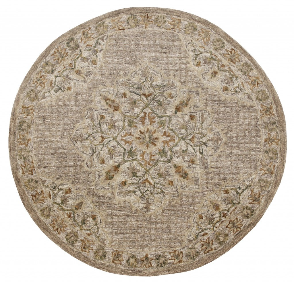 4’ Round Beige Distressed Medallion Area Rug